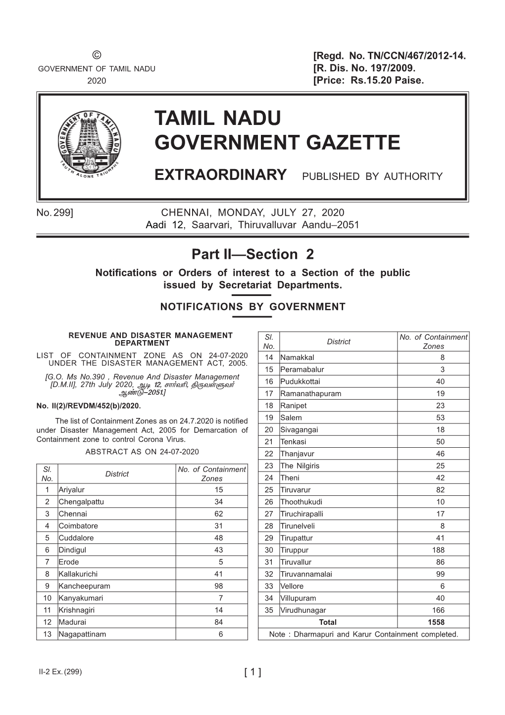 299] CHENNAI, MONDAY, JULY 27, 2020 Aadi 12, Saarvari, Thiruvalluvar Aandu–2051