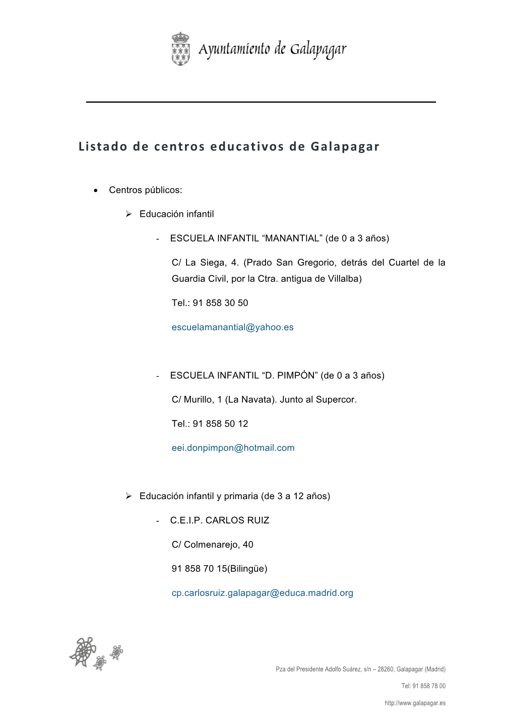 Listado De Centros Educativos De Galapagar