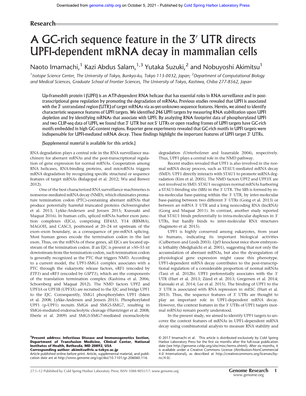 UTR Directs UPF1-Dependent Mrna Decay in Mammalian Cells