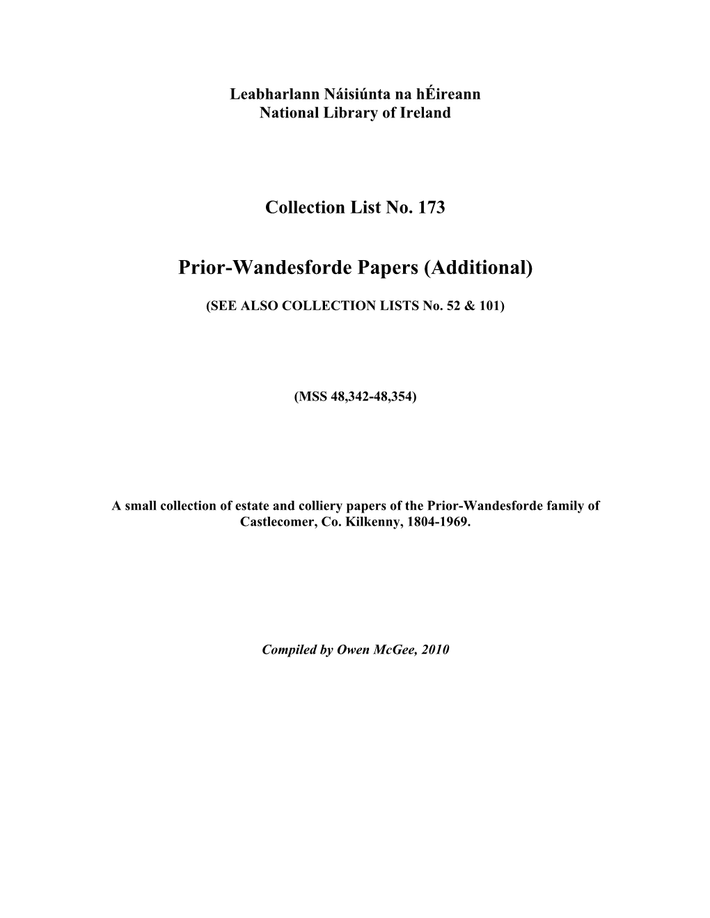 Prior-Wandesforde Papers (Additional)