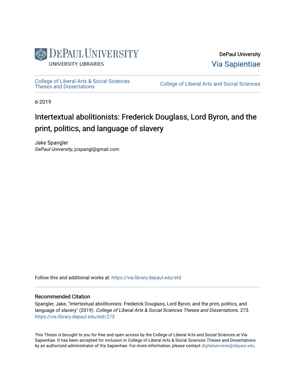 Intertextual Abolitionists: Frederick Douglass, Lord Byron, and the Print, Politics, and Language of Slavery