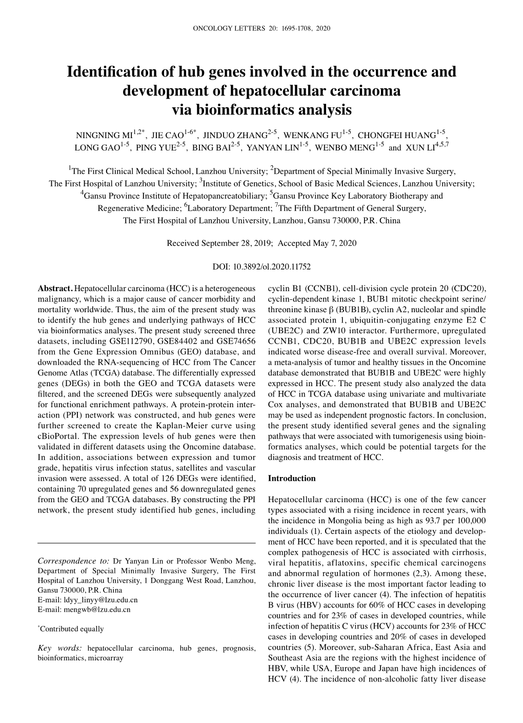 Identification of Hub Genes Involved in the Occurrence and Development of Hepatocellular Carcinoma Via Bioinformatics Analysis