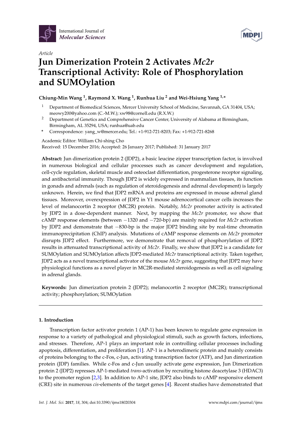 Jun Dimerization Protein 2 Activates Mc2r Transcriptional Activity: Role of Phosphorylation and Sumoylation