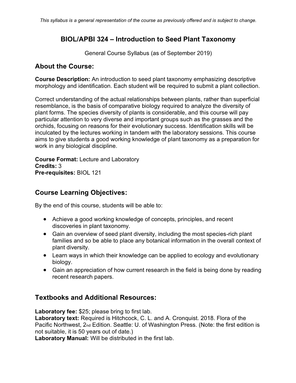 BIOL/APBI 324 – Introduction to Seed Plant Taxonomy