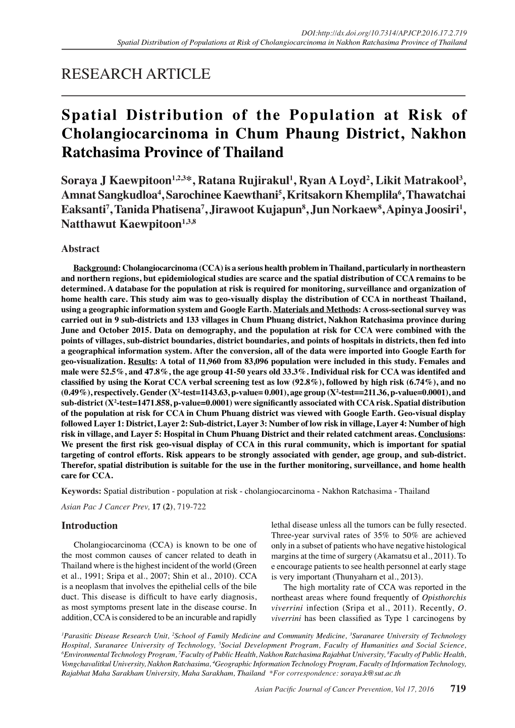 Spatial Distribution of the Population at Risk of Cholangiocarcinoma in Chum Phaung District, Nakhon Ratchasima Province of Thailand