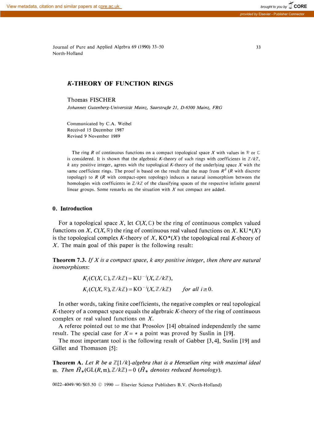 K-THEORY of FUNCTION RINGS Theorem 7.3. If X Is A