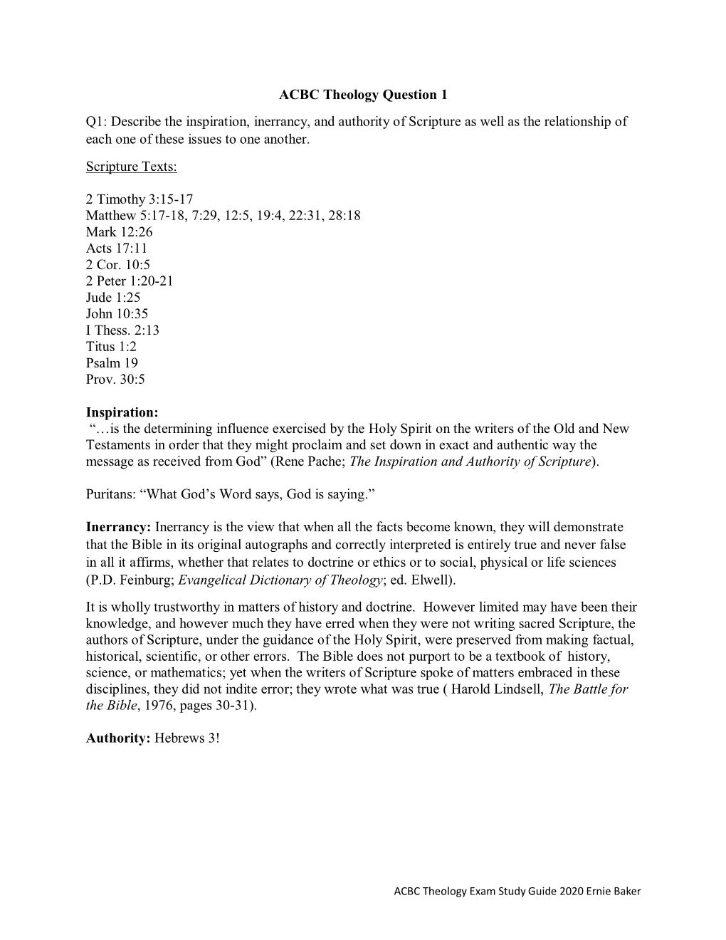 ACBC Theology Question 1 Q1: Describe the Inspiration, Inerrancy, and Authority of Scripture As Well As the Relationship of Each One of These Issues to One Another