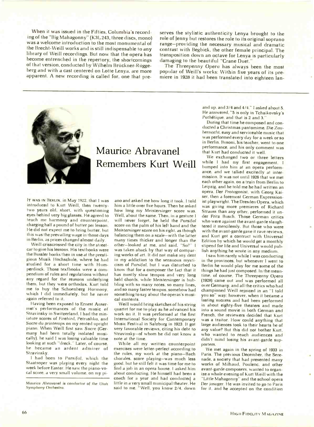 Maurice Abravanel Remembers Kurt Weill