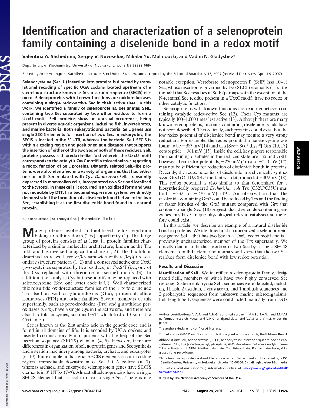 Identification and Characterization of a Selenoprotein Family Containing a Diselenide Bond in a Redox Motif