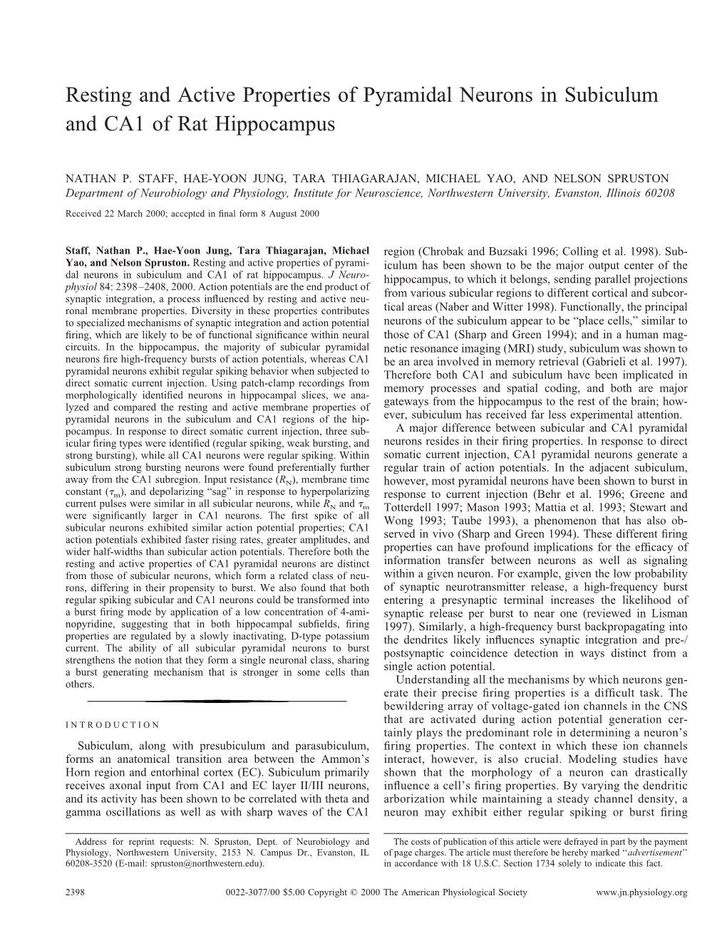 Resting and Active Properties of Pyramidal Neurons in Subiculum and CA1 of Rat Hippocampus