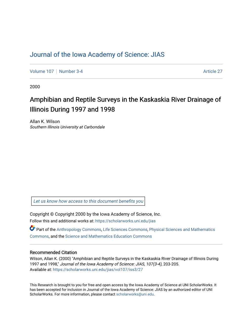 Amphibian and Reptile Surveys in the Kaskaskia River Drainage of Illinois During 1997 and 1998