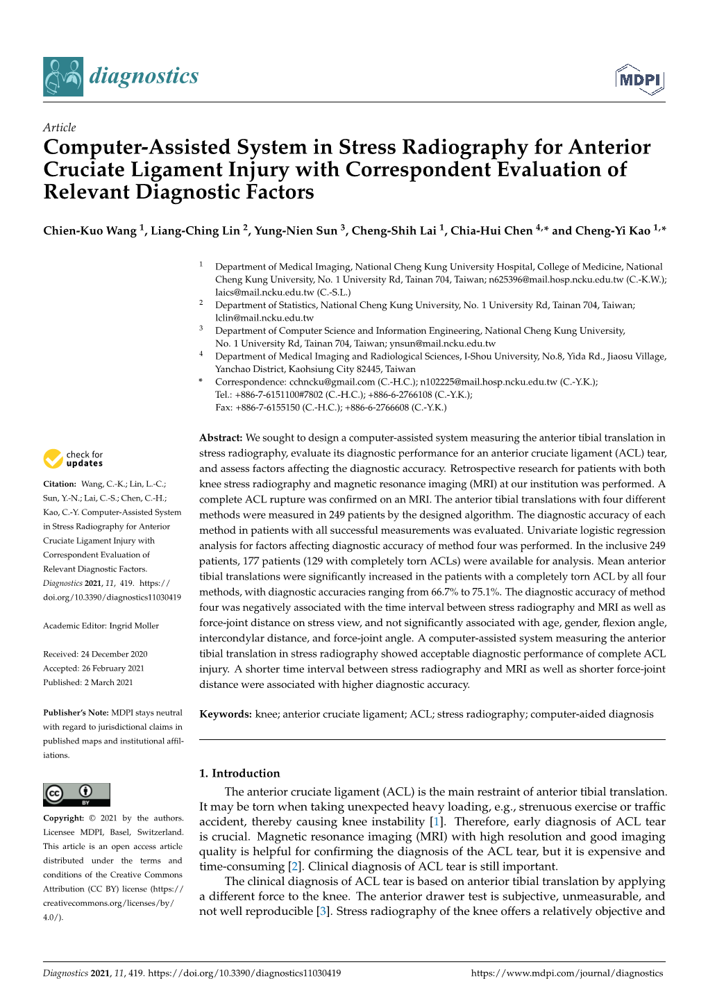 Computer-Assisted System in Stress Radiography for Anterior Cruciate Ligament Injury with Correspondent Evaluation of Relevant Diagnostic Factors