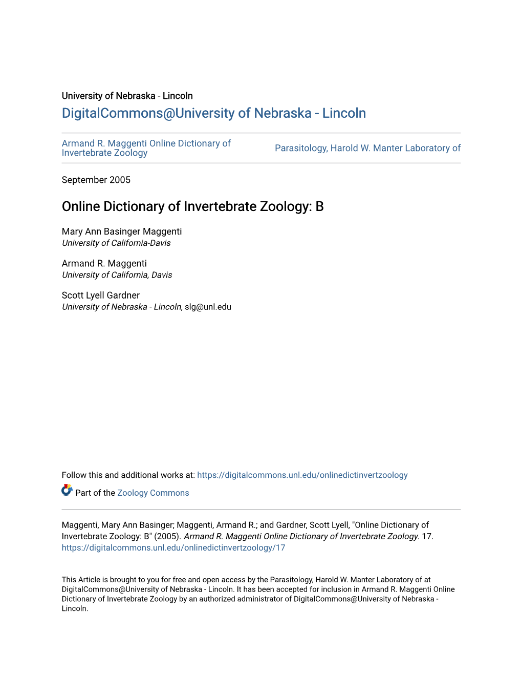 Online Dictionary of Invertebrate Zoology Parasitology, Harold W