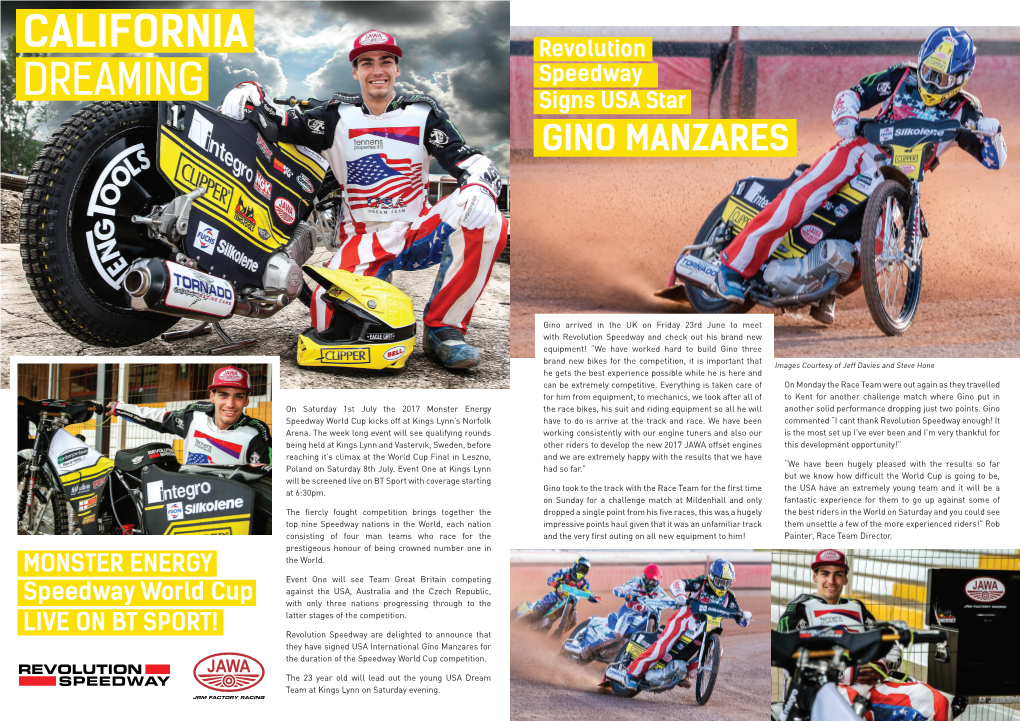 Speedway DREAMING Signs USA Star GINO MANZARES