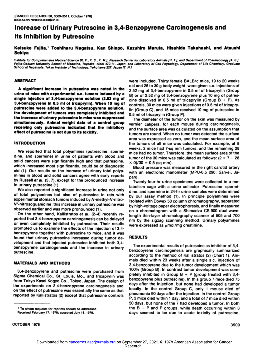 Increase of Urinary Putrescine In3,4-Benzopyrene Carcinogenesis