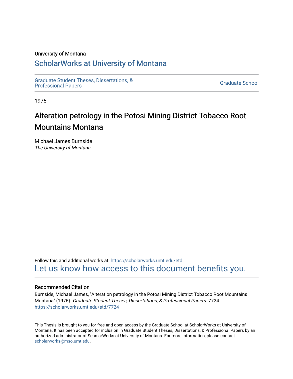 Alteration Petrology in the Potosi Mining District Tobacco Root Mountains Montana