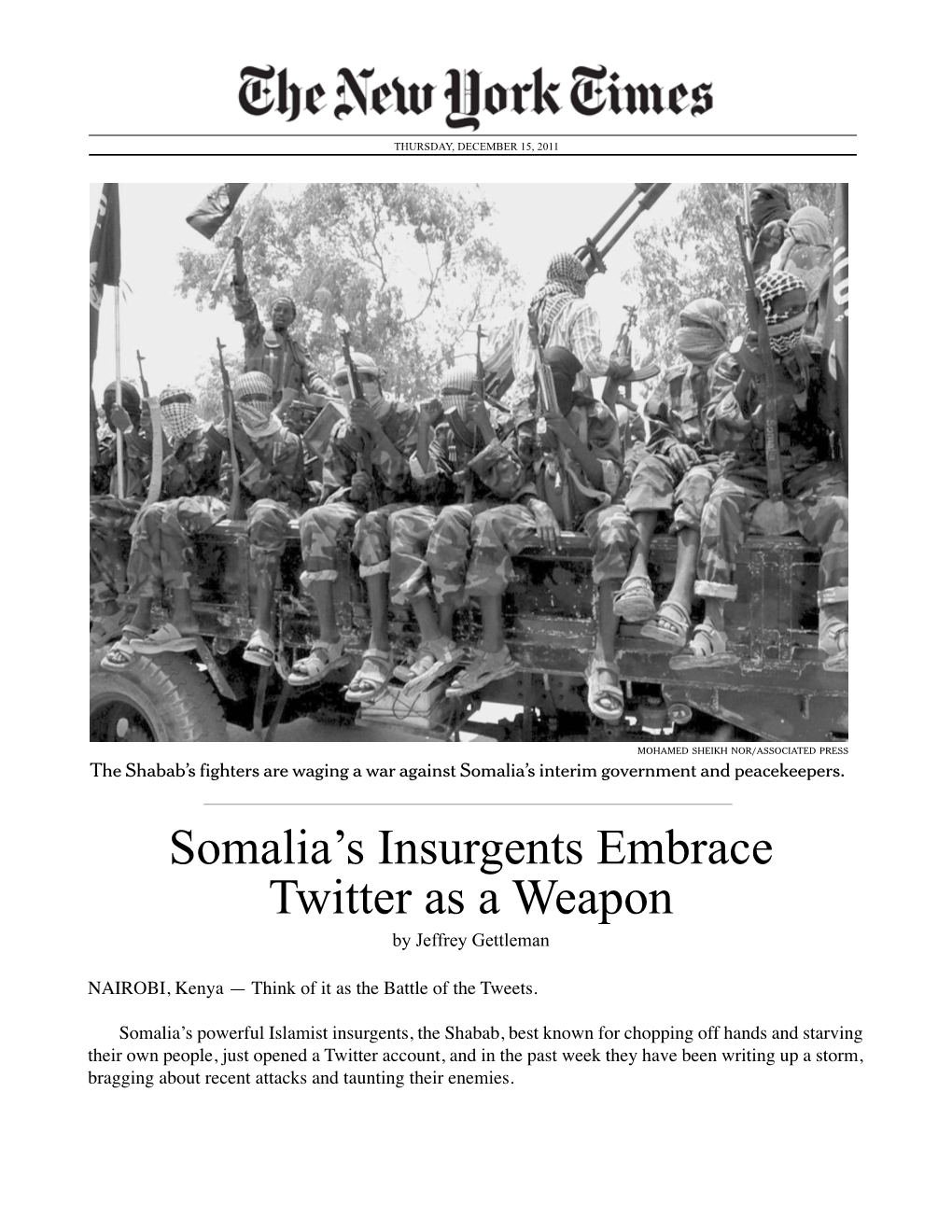 Somalia's Insurgents Embrace Twitter As a Weapon