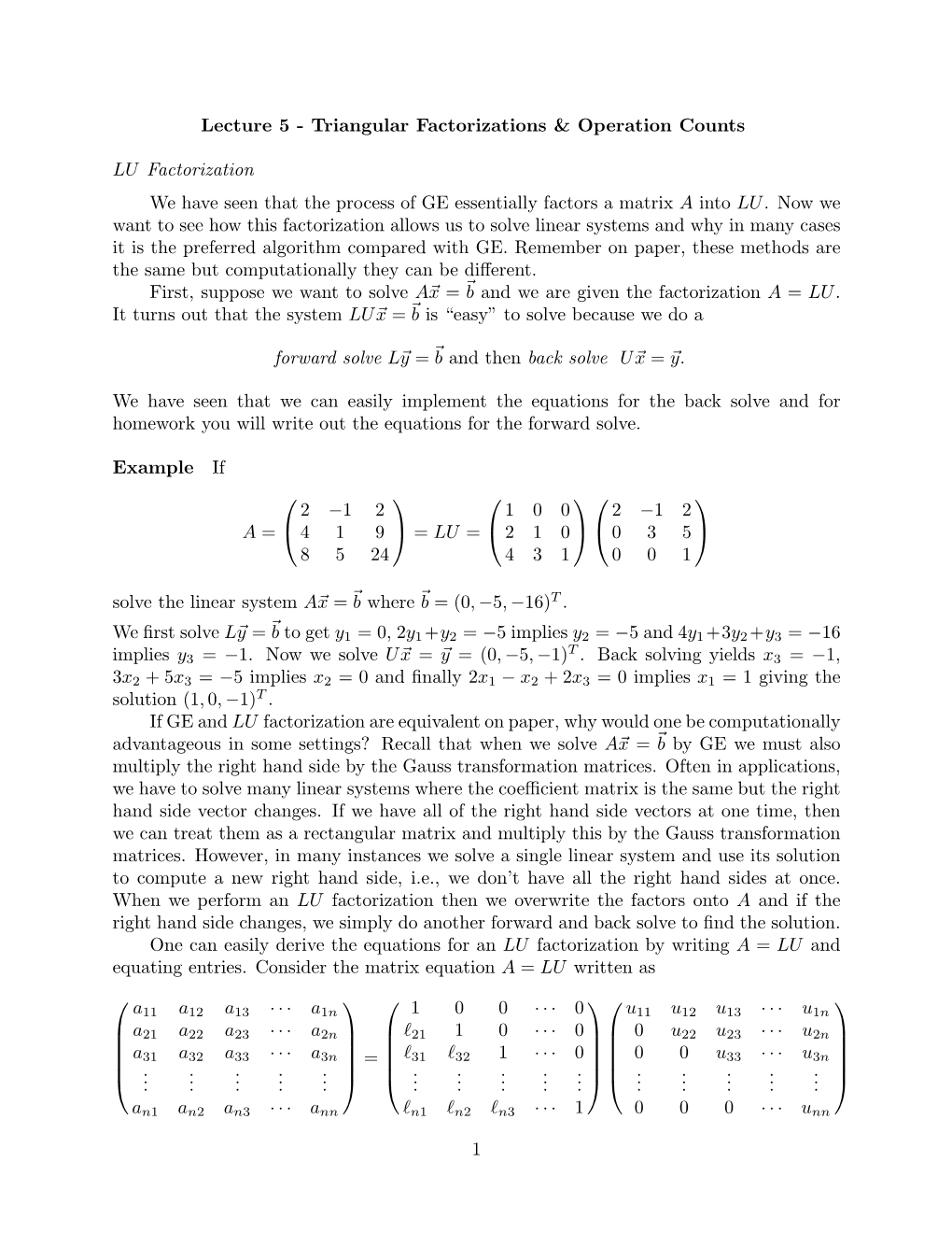 Lecture 5 - Triangular Factorizations & Operation Counts