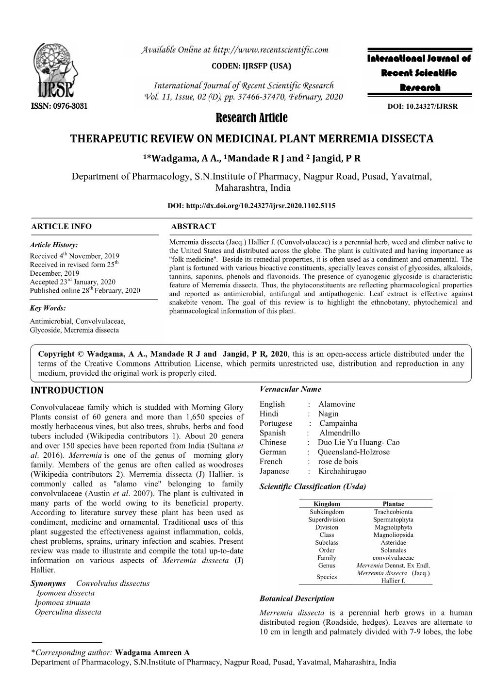 Research Article THERAPEUTIC REVIEW on MEDICINAL PLANT MERREMIA DISSECTA