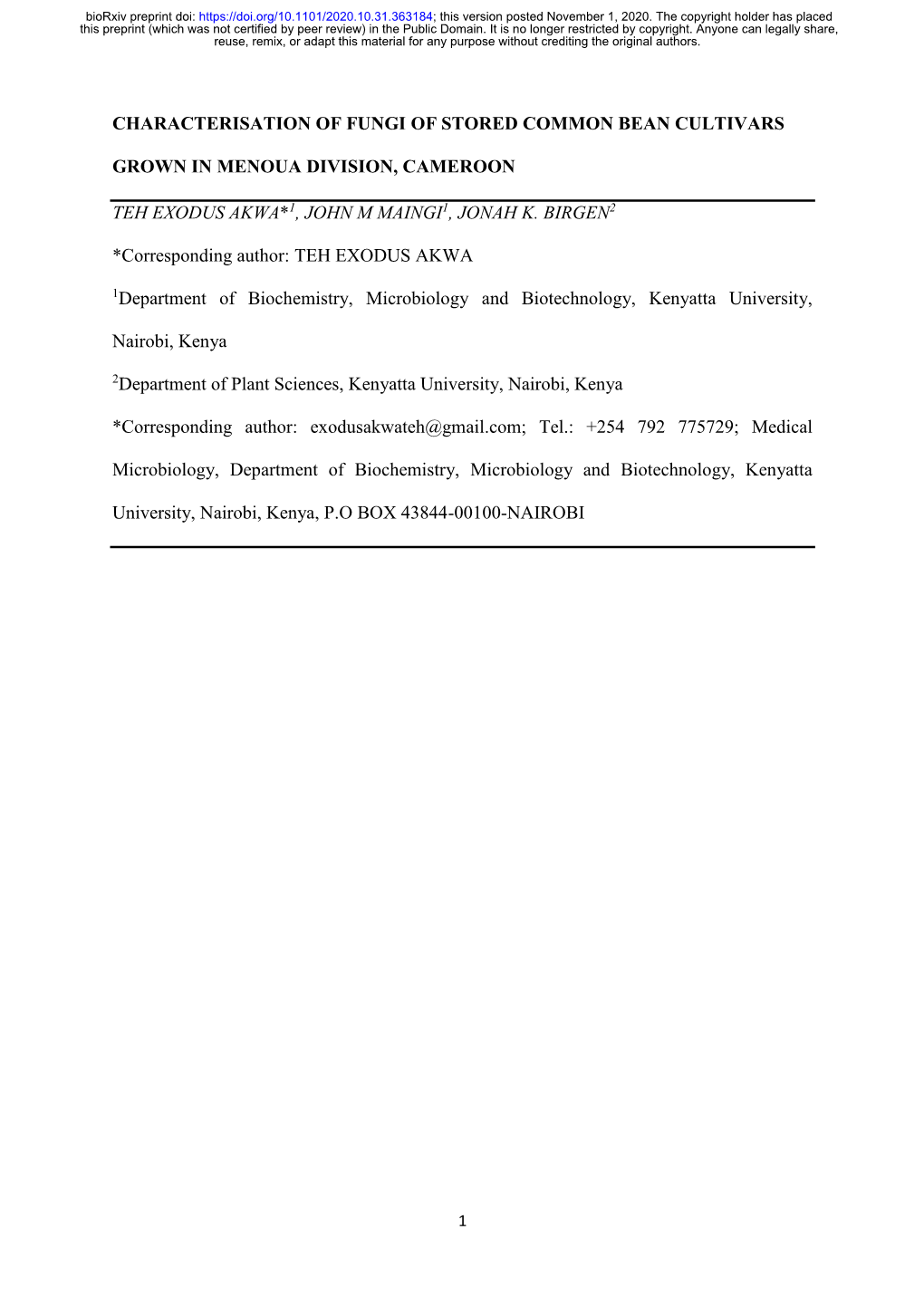 Characterisation of Fungi of Stored Common Bean Cultivars Grown in Menoua Division, Cameroon