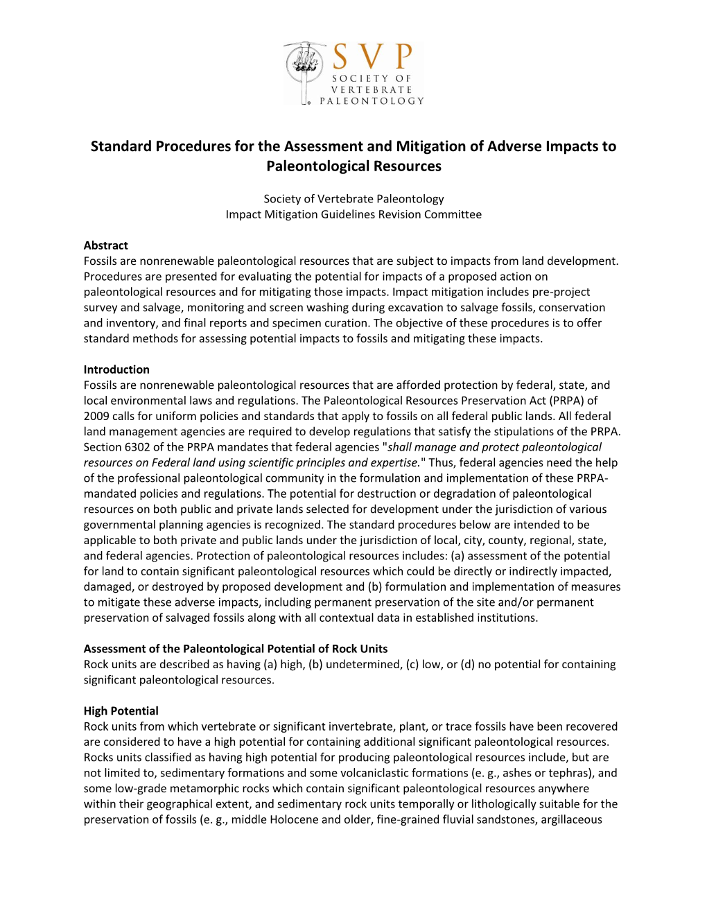 Standard Procedures for the Assessment and Mitigation of Adverse Impacts to Paleontological Resources