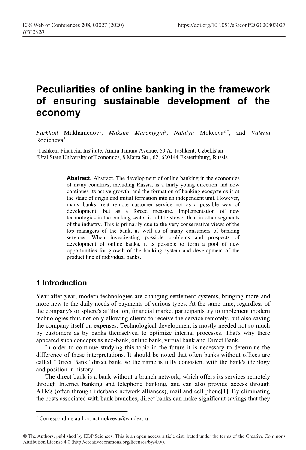 Peculiarities of Online Banking in the Framework of Ensuring Sustainable Development of the Economy