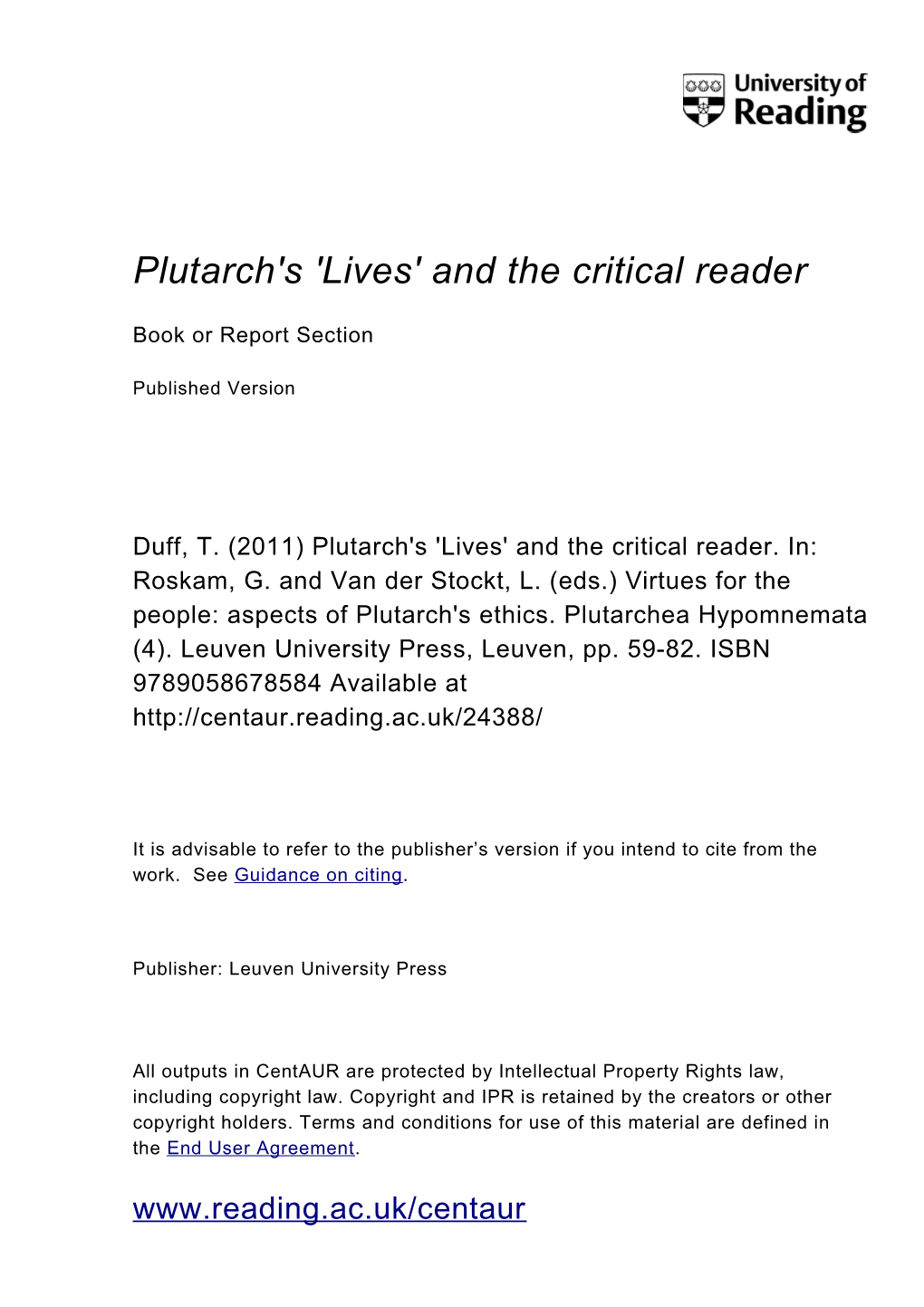 Plutarch's 'Lives' and the Critical Reader