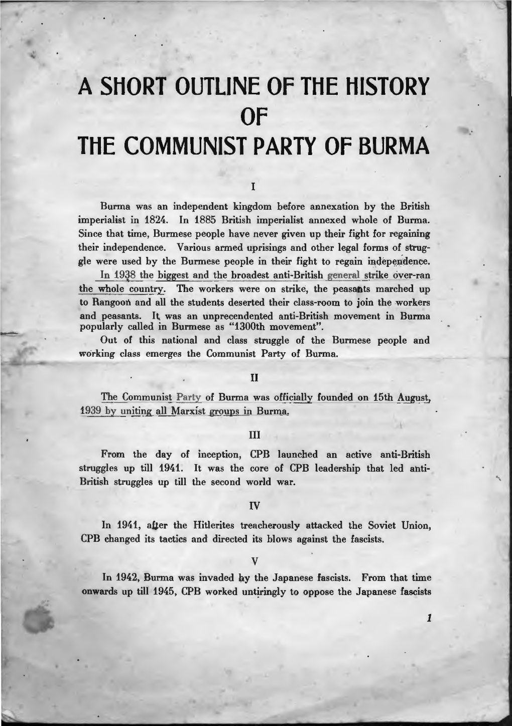 A Short Outline of the History of the Communist Party of Burma