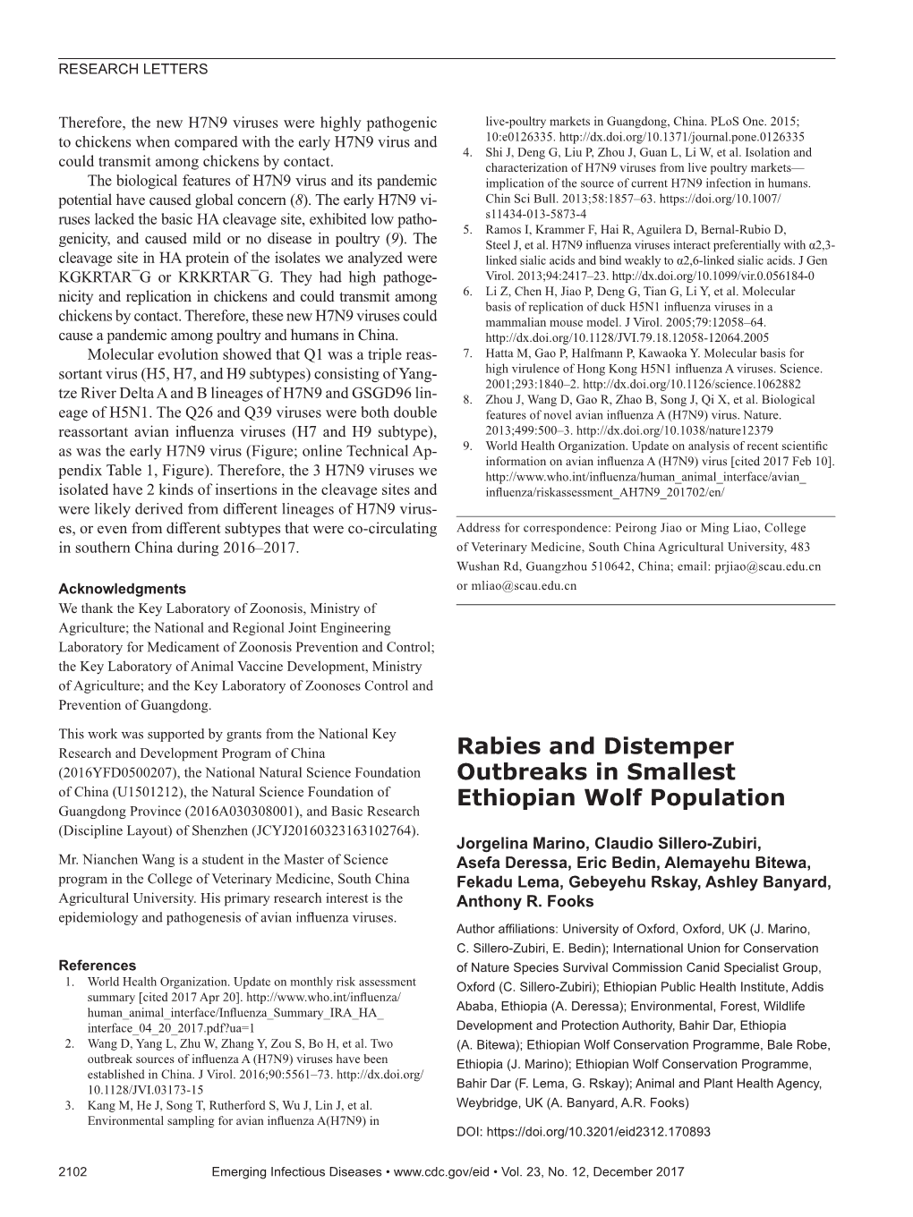 Rabies and Distemper Outbreaks in Smallest Ethiopian Wolf Population