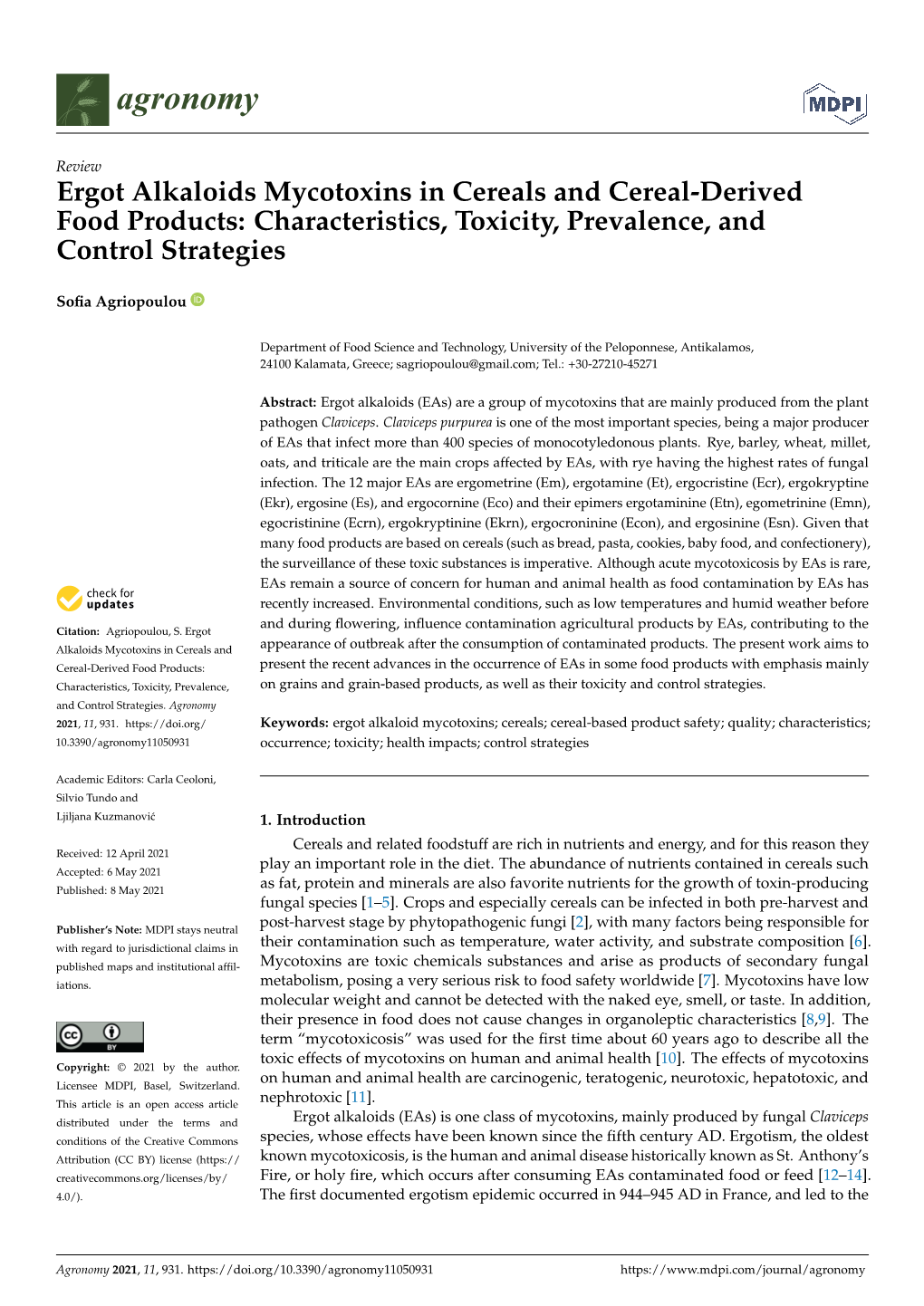 Ergot Alkaloids Mycotoxins in Cereals and Cereal-Derived Food Products: Characteristics, Toxicity, Prevalence, and Control Strategies