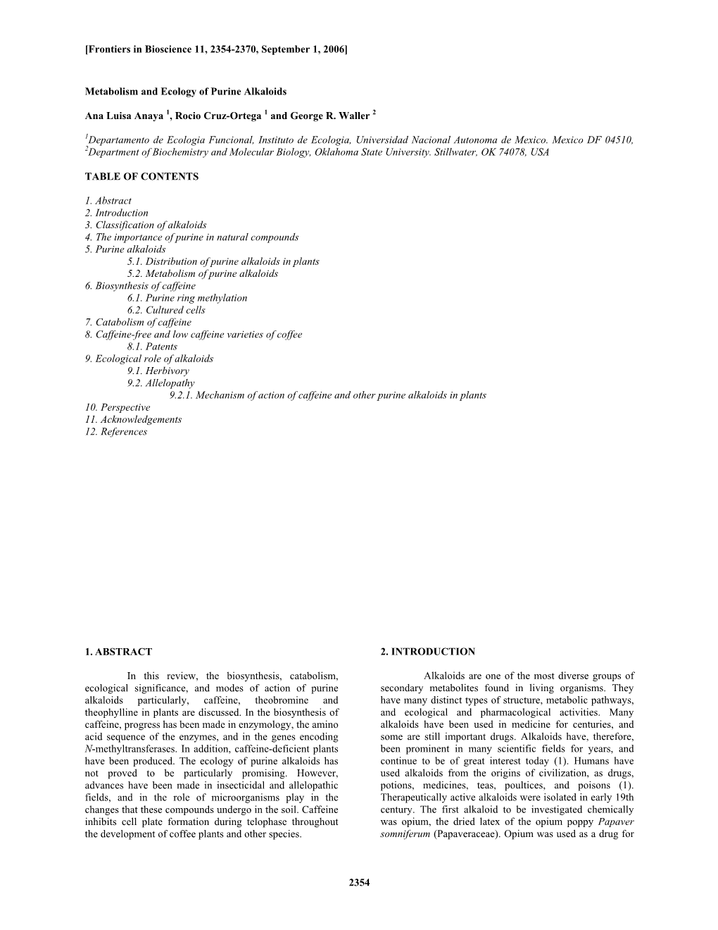 2354 Metabolism and Ecology of Purine Alkaloids Ana Luisa Anaya 1