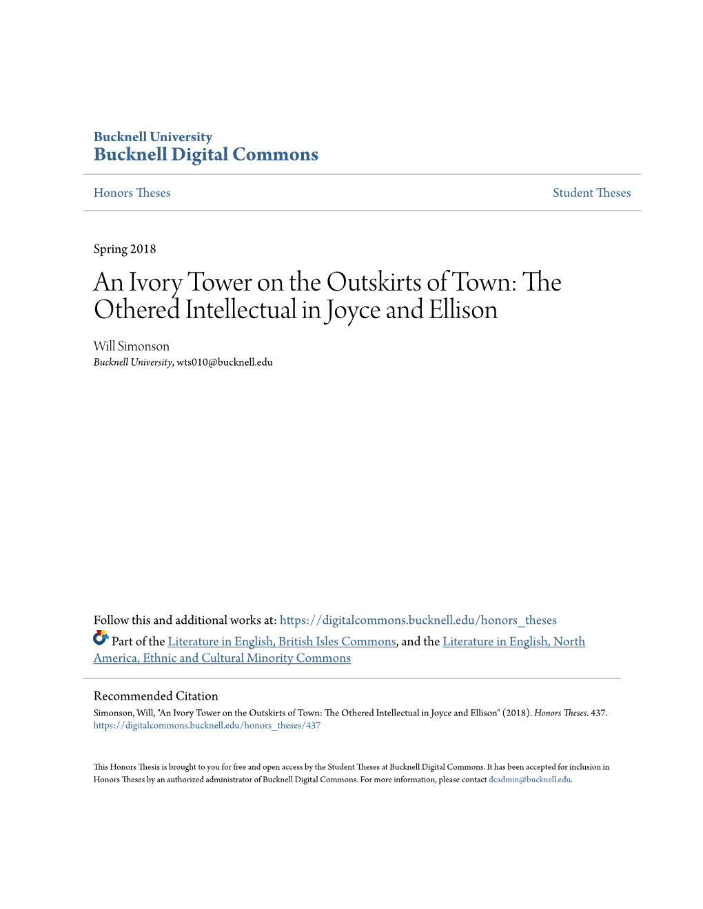 The Othered Intellectual in Joyce and Ellison Will Simonson Bucknell University, Wts010@Bucknell.Edu