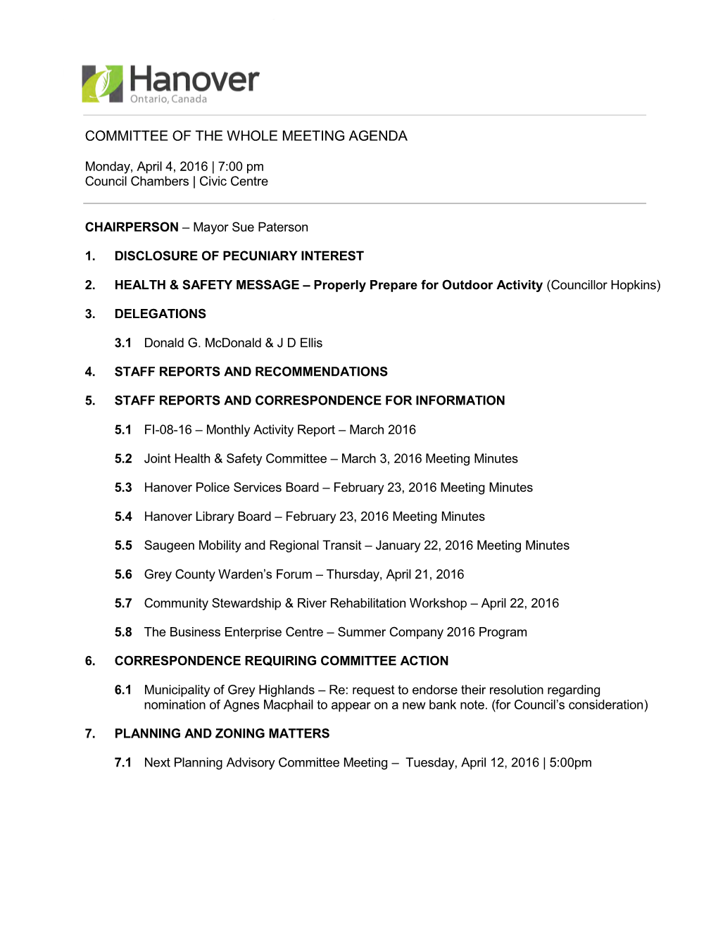 Committee of the Whole Meeting Agenda