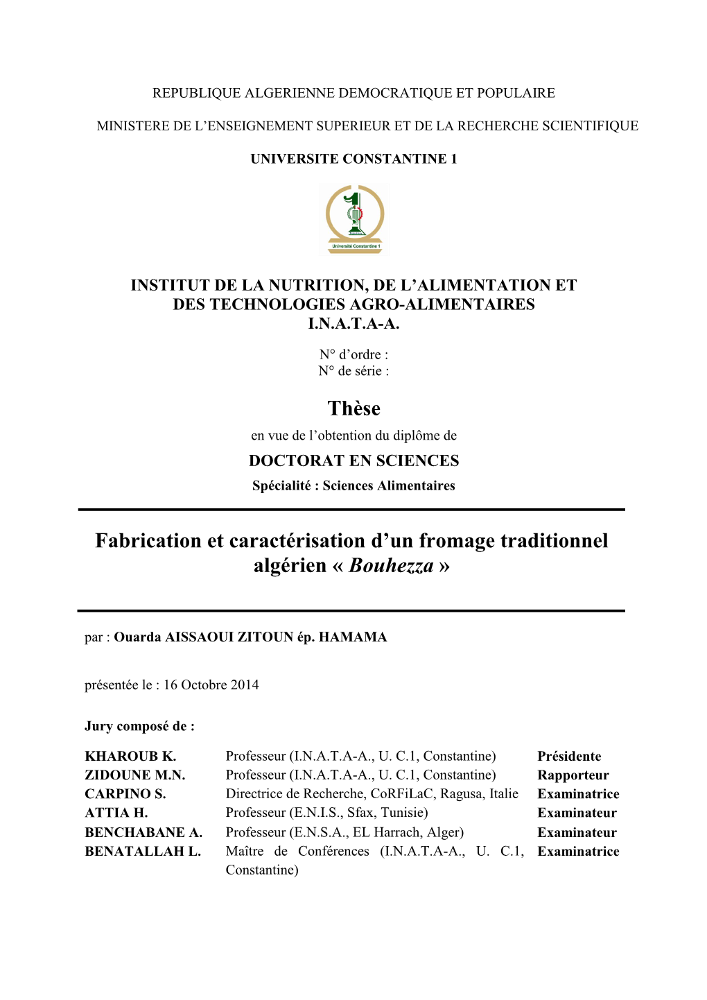 Thèse Fabrication Et Caractérisation D'un Fromage Traditionnel Algérien « Bouhezza »