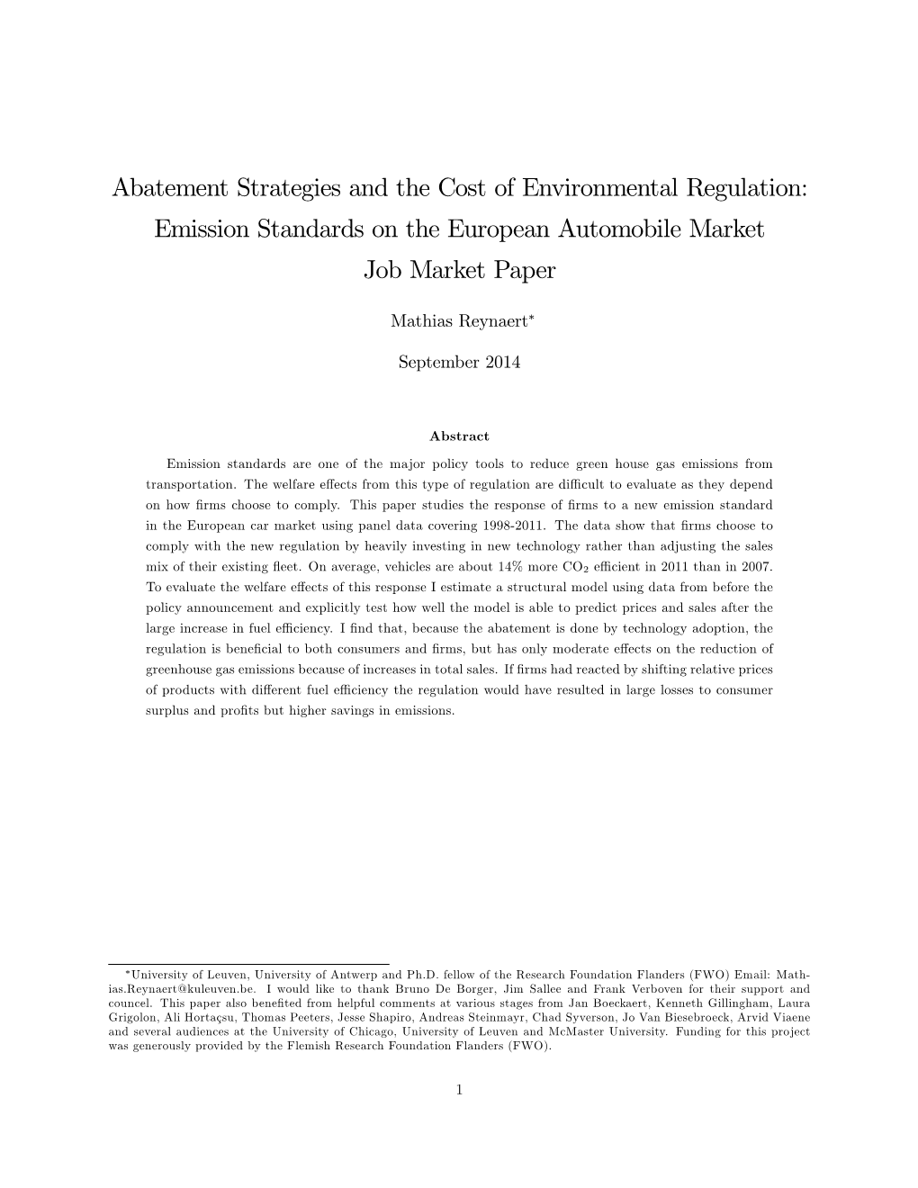 Abatement Strategies and the Cost of Environmental Regulation: Emission Standards on the European Automobile Market Job Market Paper