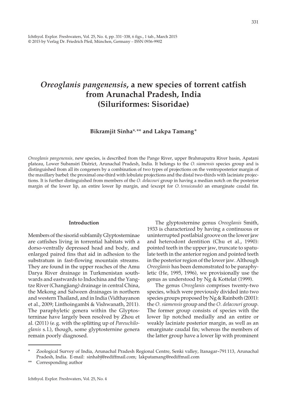 Oreoglanis Pangenensis, a New Species of Torrent Catfish from Arunachal Pradesh, India (Siluriformes: Sisoridae)