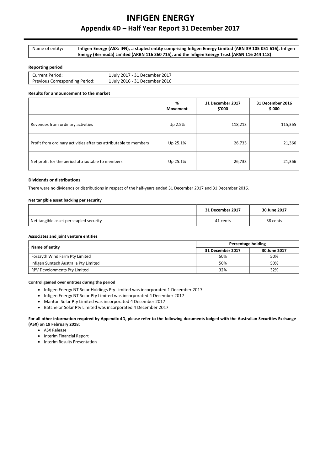 INFIGEN ENERGY Appendix 4D – Half Year Report 31 December 2017