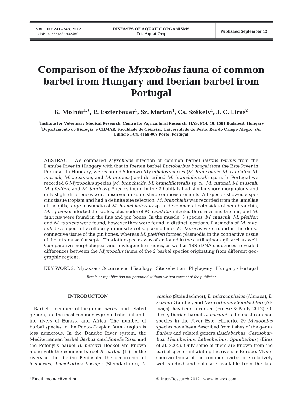 Comparison of the Myxobolus Fauna of Common Barbel from Hungary and Iberian Barbel from Portugal