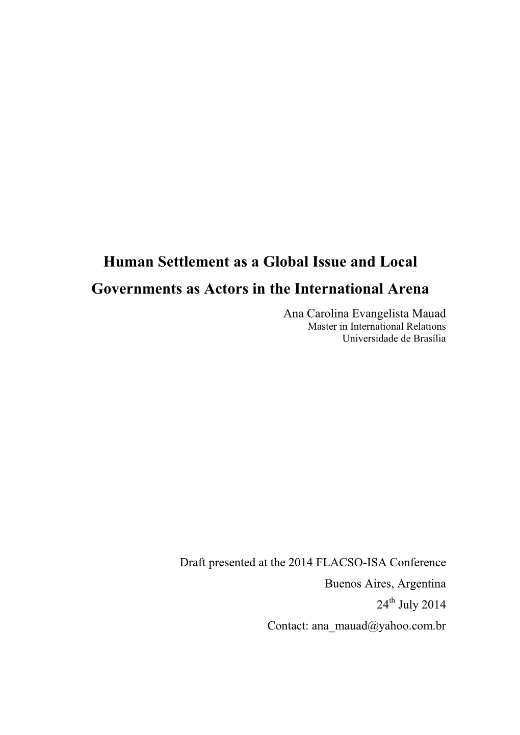 Human Settlement As a Global Issue and Local Governments As Actors