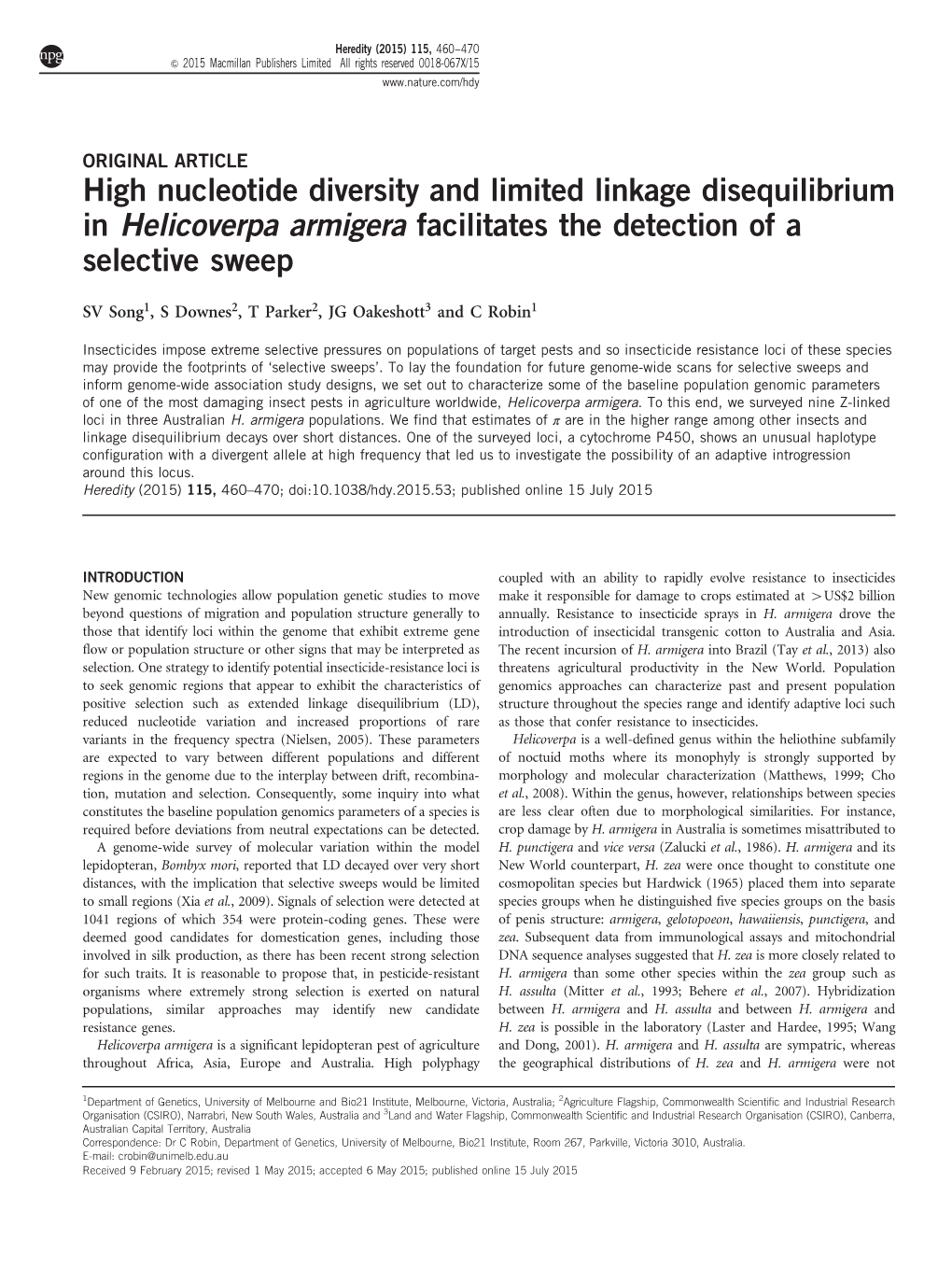 High Nucleotide Diversity and Limited Linkage Disequilibrium in Helicoverpa Armigera Facilitates the Detection of a Selective Sweep