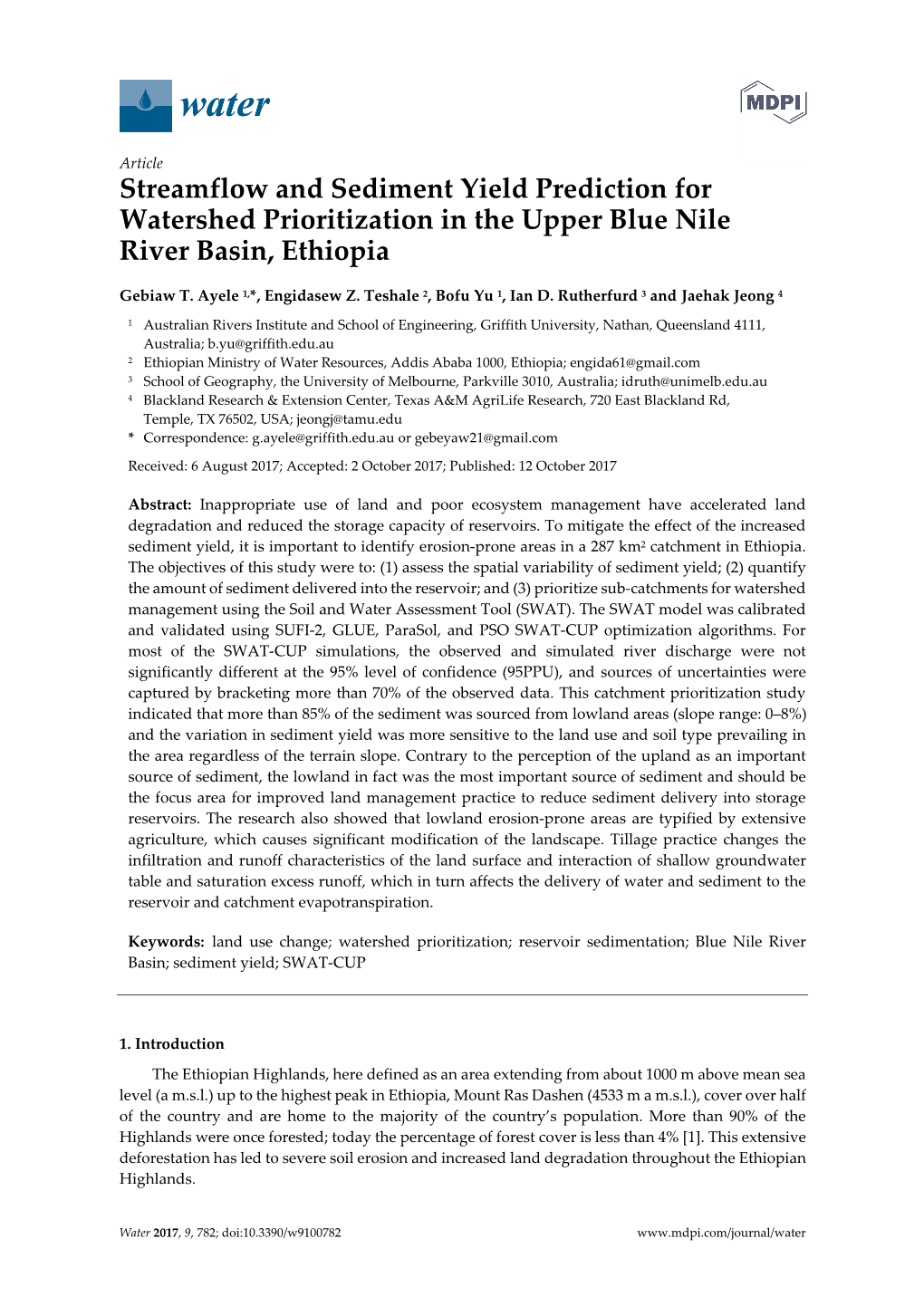 Streamflow and Sediment Yield Prediction for Watershed Prioritization in the Upper Blue Nile River Basin, Ethiopia