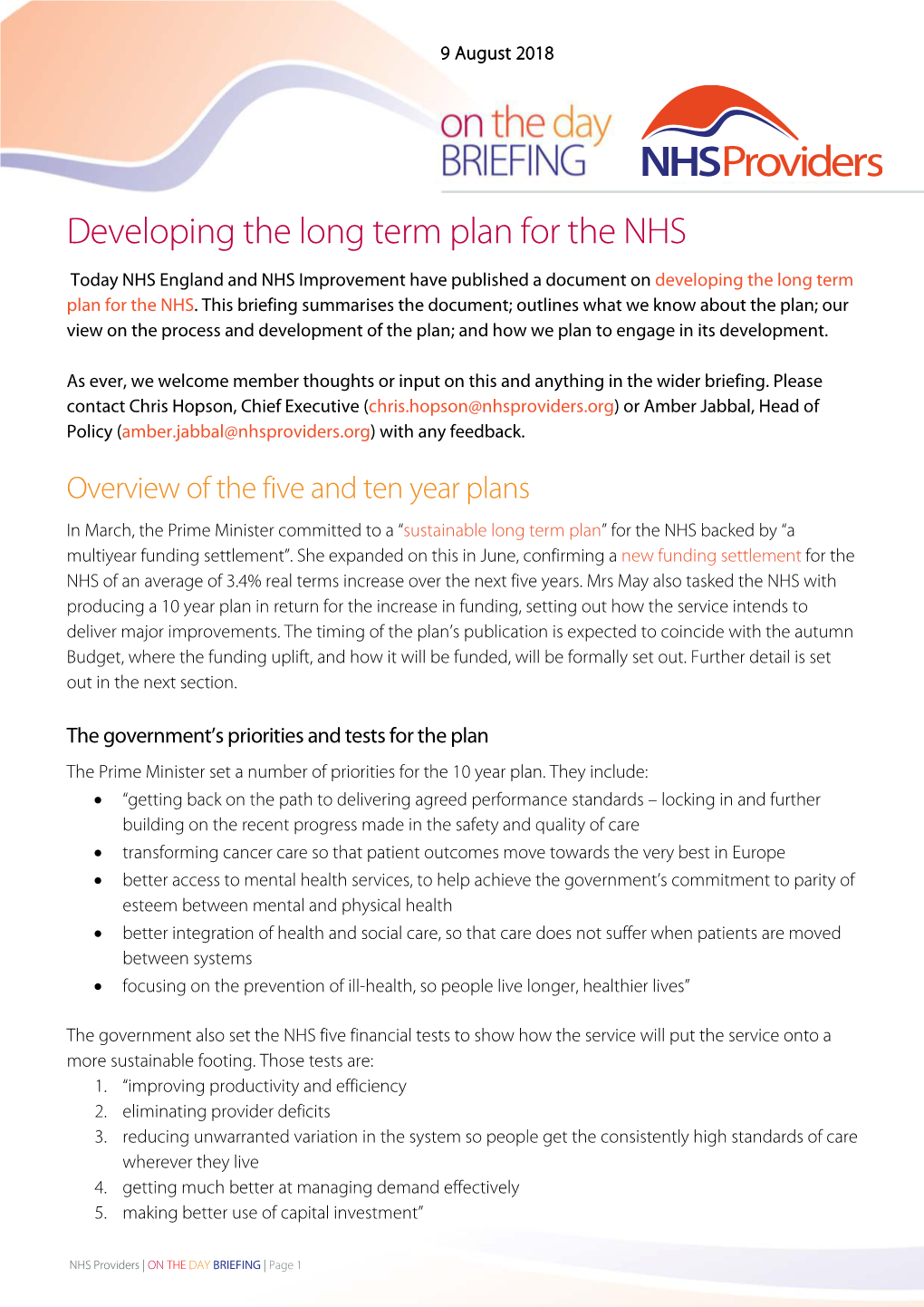 Developing the Long Term Plan for the NHS