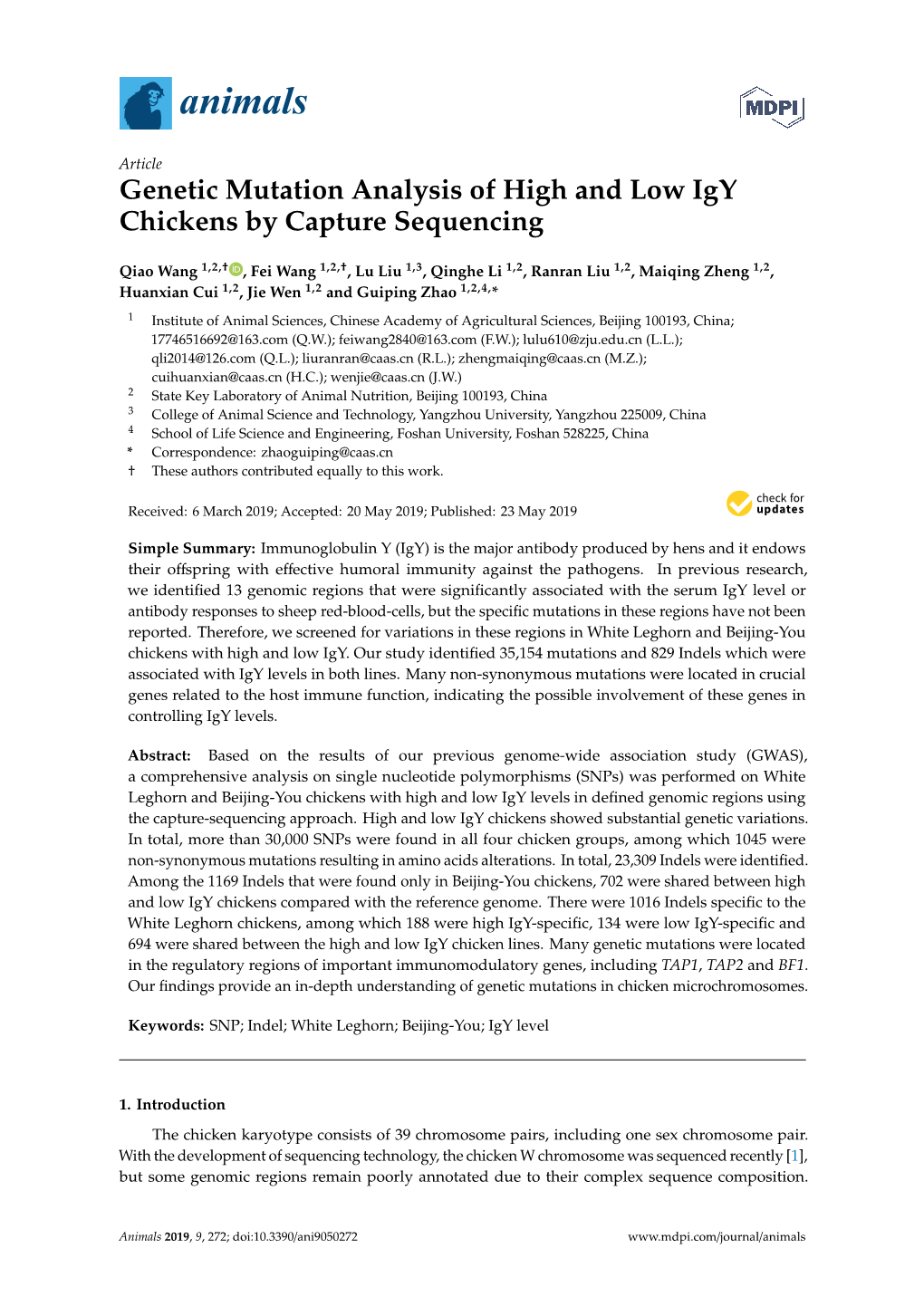 Genetic Mutation Analysis of High and Low Igy Chickens by Capture Sequencing