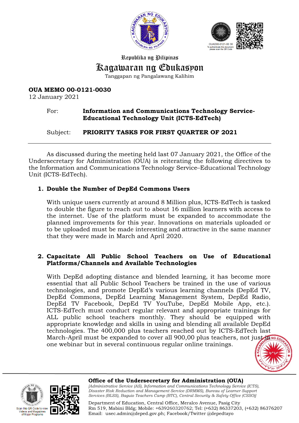 Kagawaran Ng Edukasyon Tanggapan Ng Pangalawang Kalihim