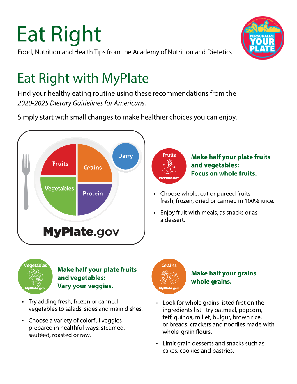 Eat Right with Myplate Find Your Healthy Eating Routine Using These Recommendations from the 2020-2025 Dietary Guidelines for Americans