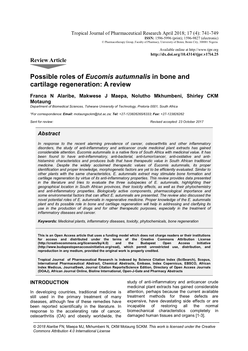 Possible Roles of Eucomis Autumnalis in Bone and Cartilage Regeneration: a Review