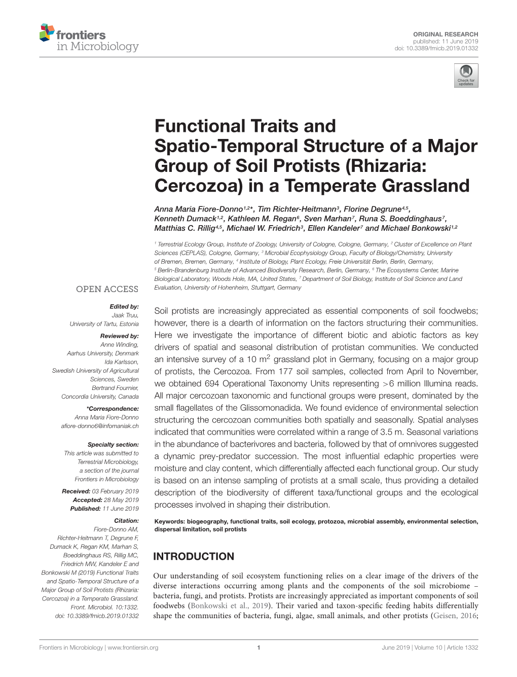 Functional Traits and Spatio-Temporal Structure of a Major Group of Soil Protists (Rhizaria: Cercozoa) in a Temperate Grassland