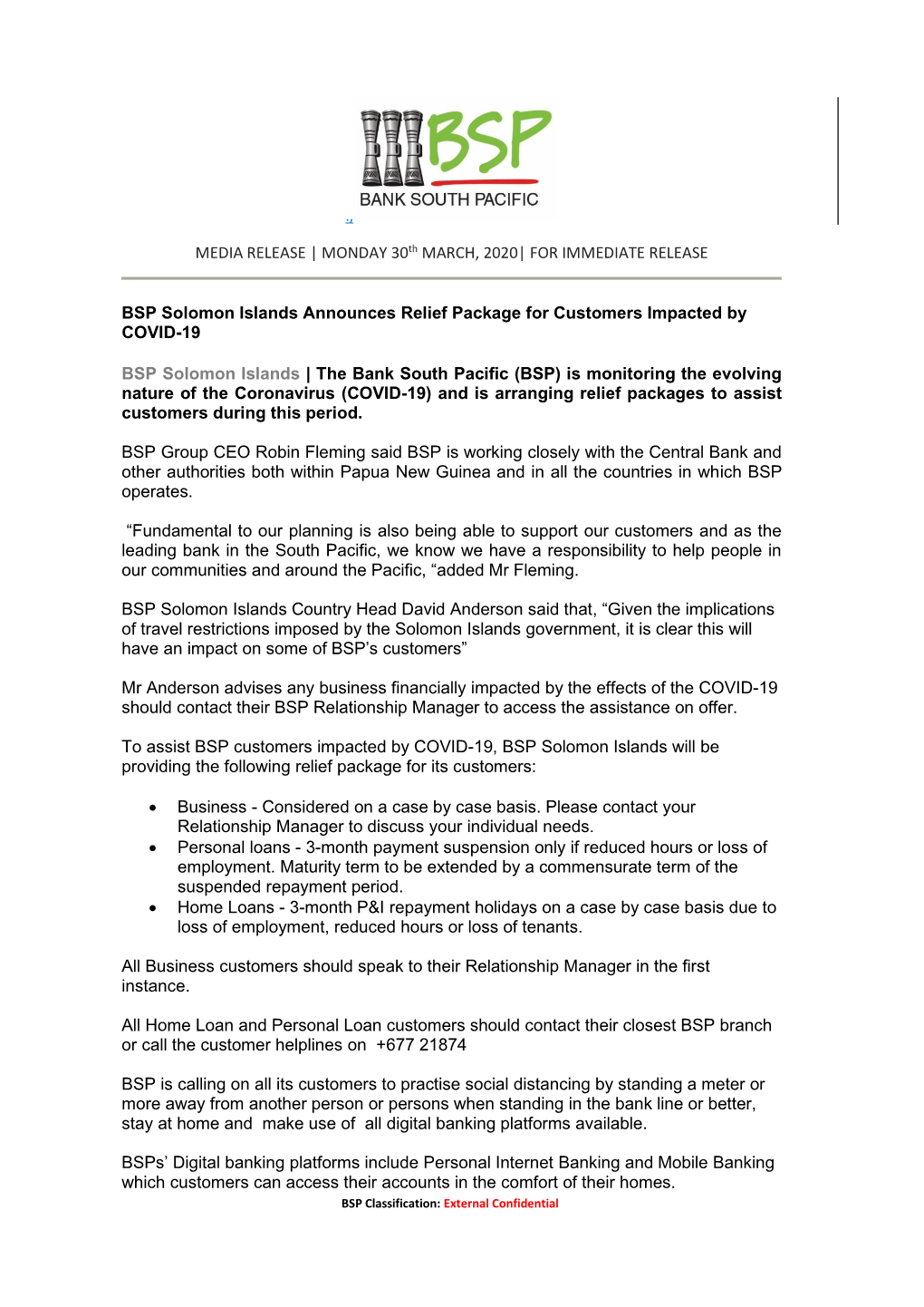 Bank South Pacific (BSP) Is Monitoring the Evolving Nature of the Coronavirus (COVID-19) and Is Arranging Relief Packages to Assist Customers During This Period