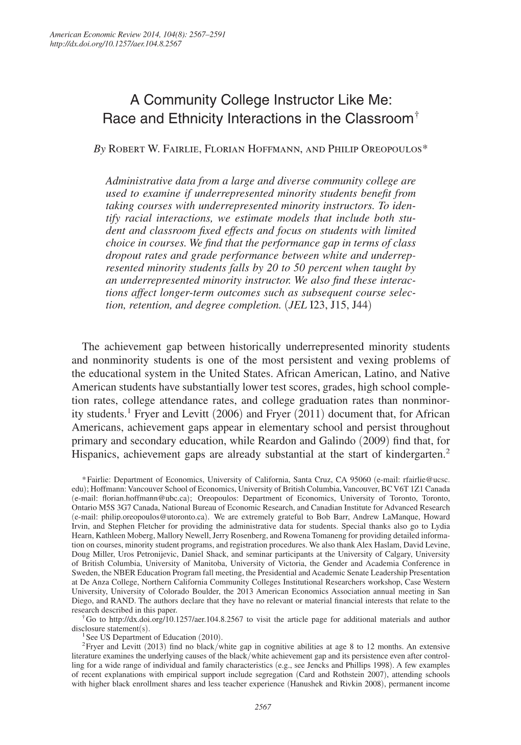 A Community College Instructor Like Me: Race and Ethnicity Interactions in the Classroom †