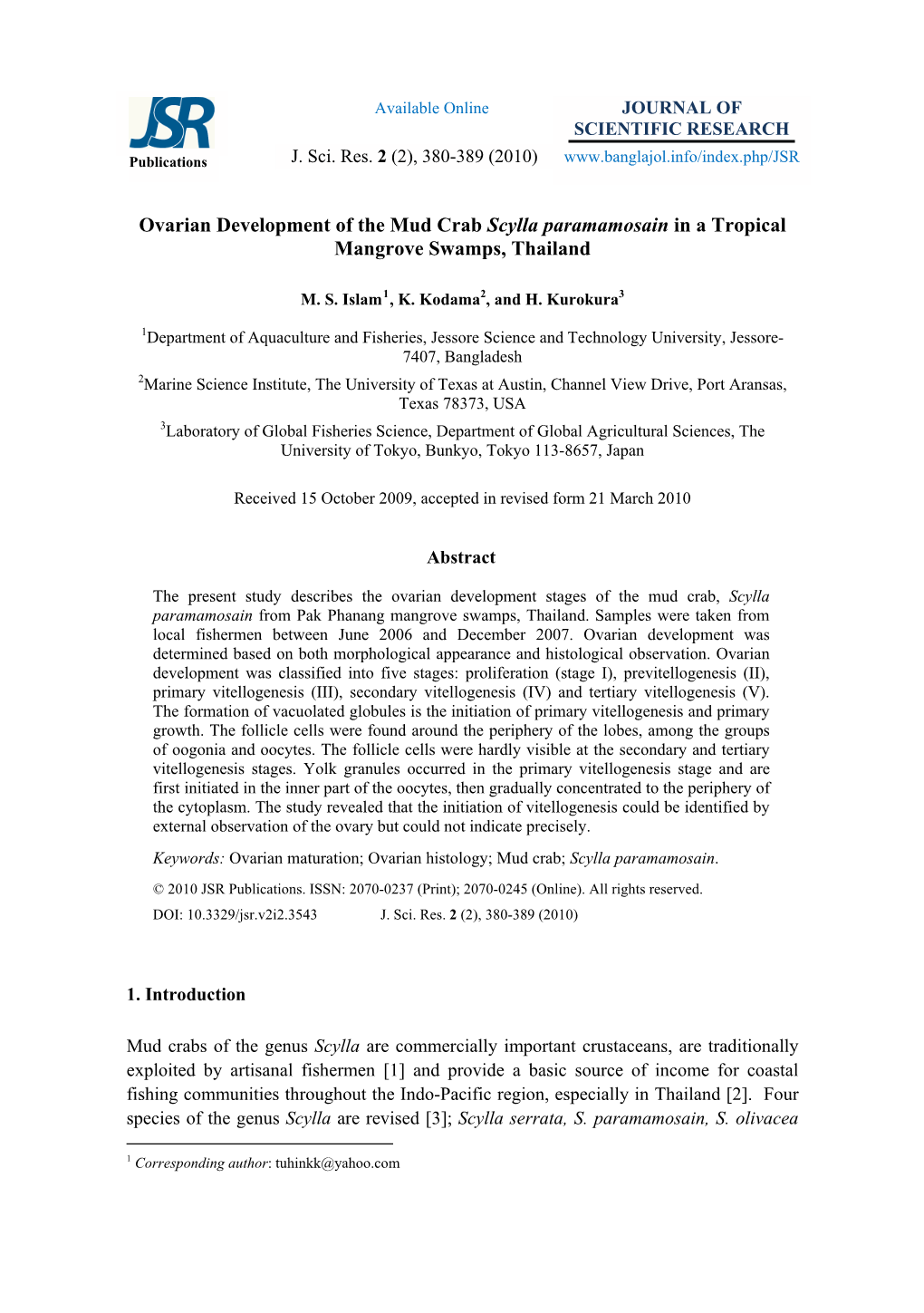 Ovarian Development of the Mud Crab Scylla Paramamosain in a Tropical Mangrove Swamps, Thailand